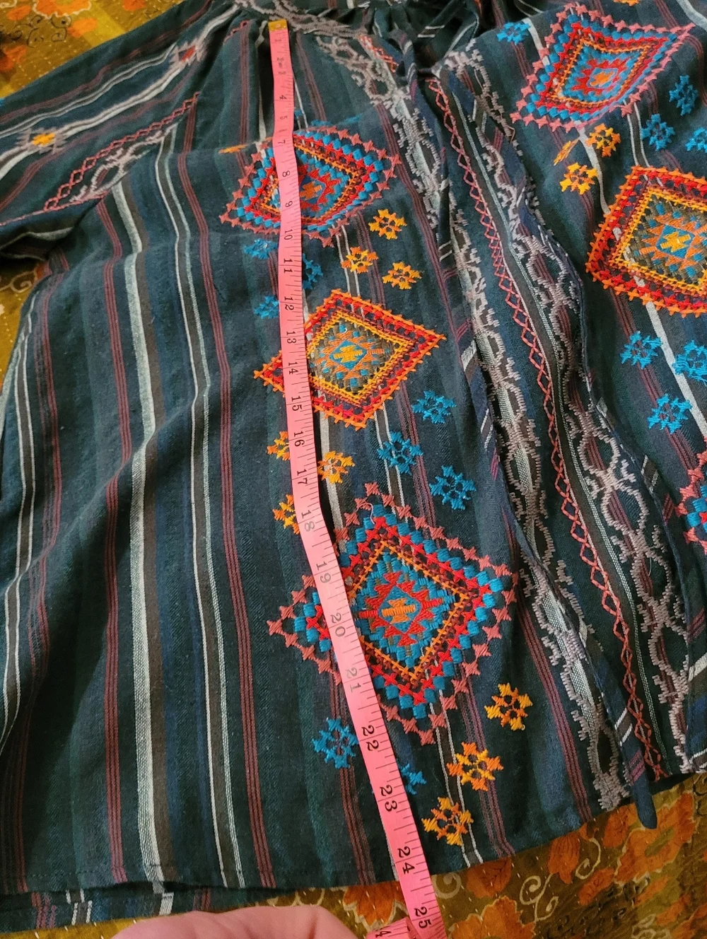 Embroidered Boho Tunic in Teal, Red & Yellow, Medium - Picture 5 of 9